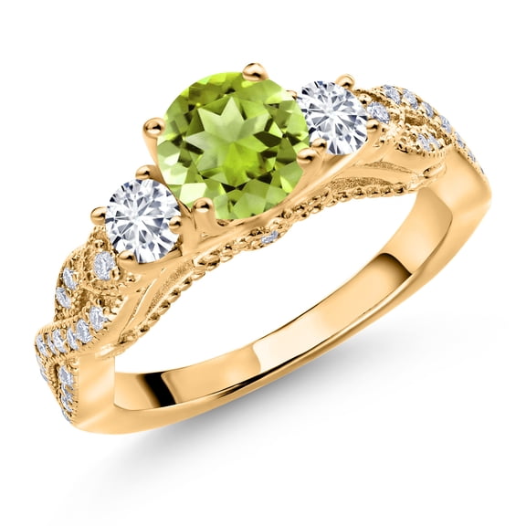 Gem Stone King 18K Yellow Gold Plated Silver Green Peridot White Lab Grown Diamond and White Moissanite Engagement Ring for Women (1.47 Cttw, Gemstone August Birthstone, Round 6MM and 3MM, Size 5)