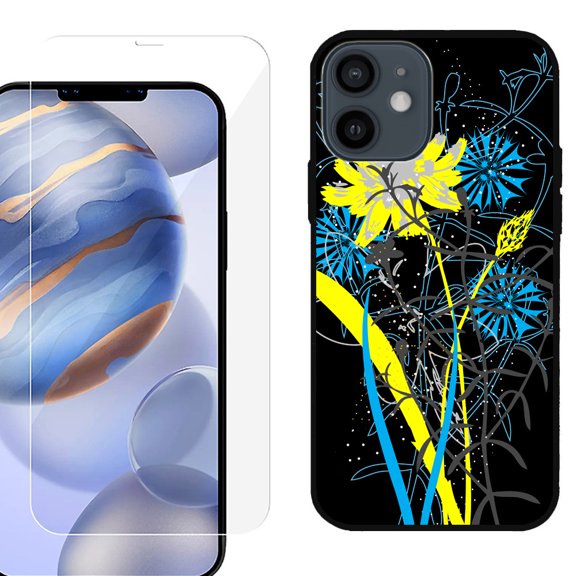 Slim-Fit Protective Phone Case (Black) compatible with iPhone 12 / iPhone 12 Pro, with Tempered Glass Screen Protector, by OneToughShield ® - Wild Flowers