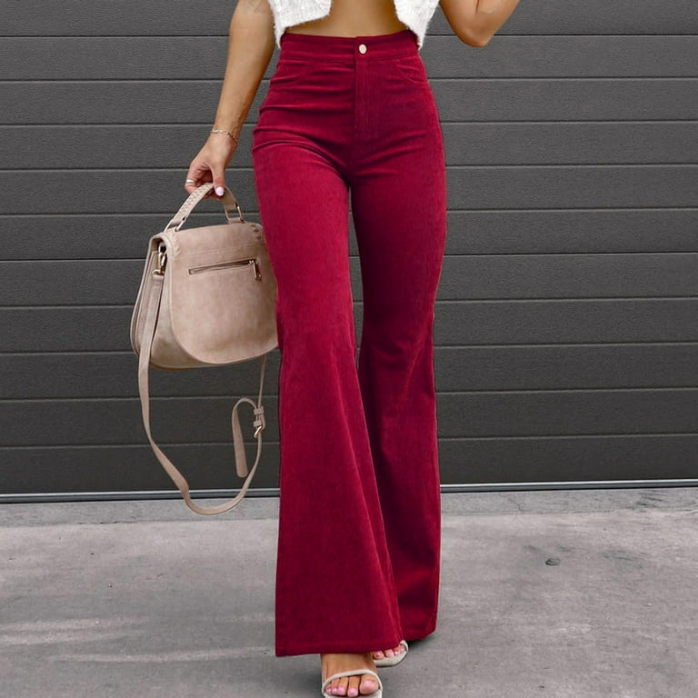 Baocc Flare Pants for Women Autumn and Winter Women's Clothing Solid Color  Mid Waist Slim Micro Bell Bottoms Corduroy Elastic Waist Casual Trousers
