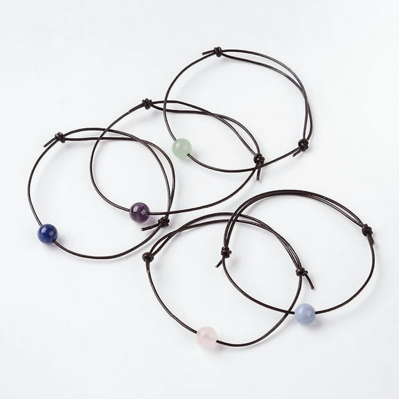 50 pc Adjustable Cowhide Leather Cord Bracelets with Natural Mixed Stone Round Beads 60mm