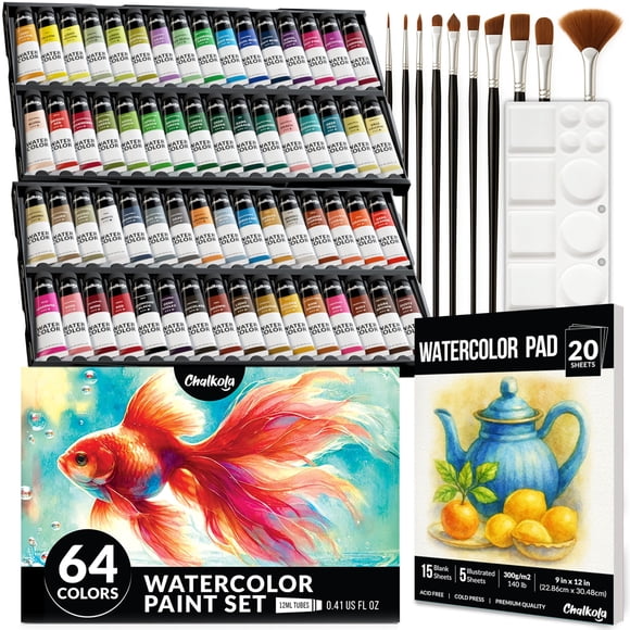 Chalkola Watercolor Paint Set - 64 Water Color Paint Tubes (12ml, 0.4oz), 10 Painting Brushes & 1 Palette, 20 WaterColor Pad | Art Supplies