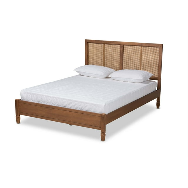 Baxton Studio Redmond Mid-Century Modern Walnut Brown Finished Wood and Synthetic Rattan Full Size Platform Bed