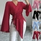 thumbnail image 1 of Blusas para mujer,Blusa de mujer de color liso, manga larga, cuello en V, botones, estilo vendaje de poliéster, estilo informal para uso diario y en casa, sopatenor, 1 of 8