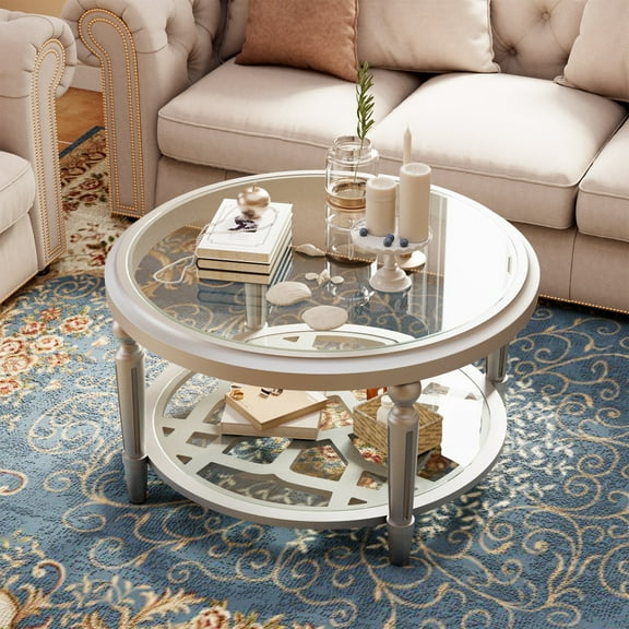 FOROUTIA 32'' Round Champagne Coffee Table with Glass Top and Storage Shelf,Modern Accent Table