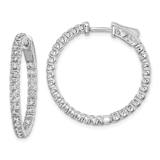 925 Sterling Silver 2mm Cubic Zirconia Cz Round Hinged Hoop Earrings In/out
