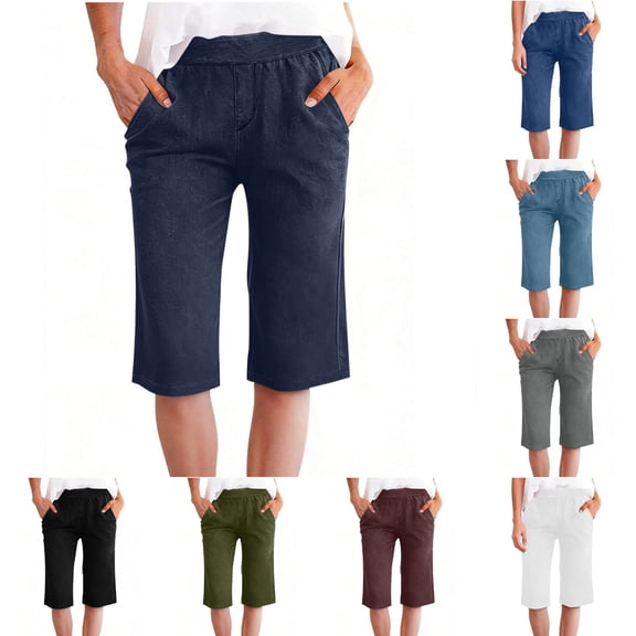 HADST Women's Elastic Waist Bermuda Shorts Stretchy Denim-like Trousers with Side Pockets Loose Fit for Casual & Summer