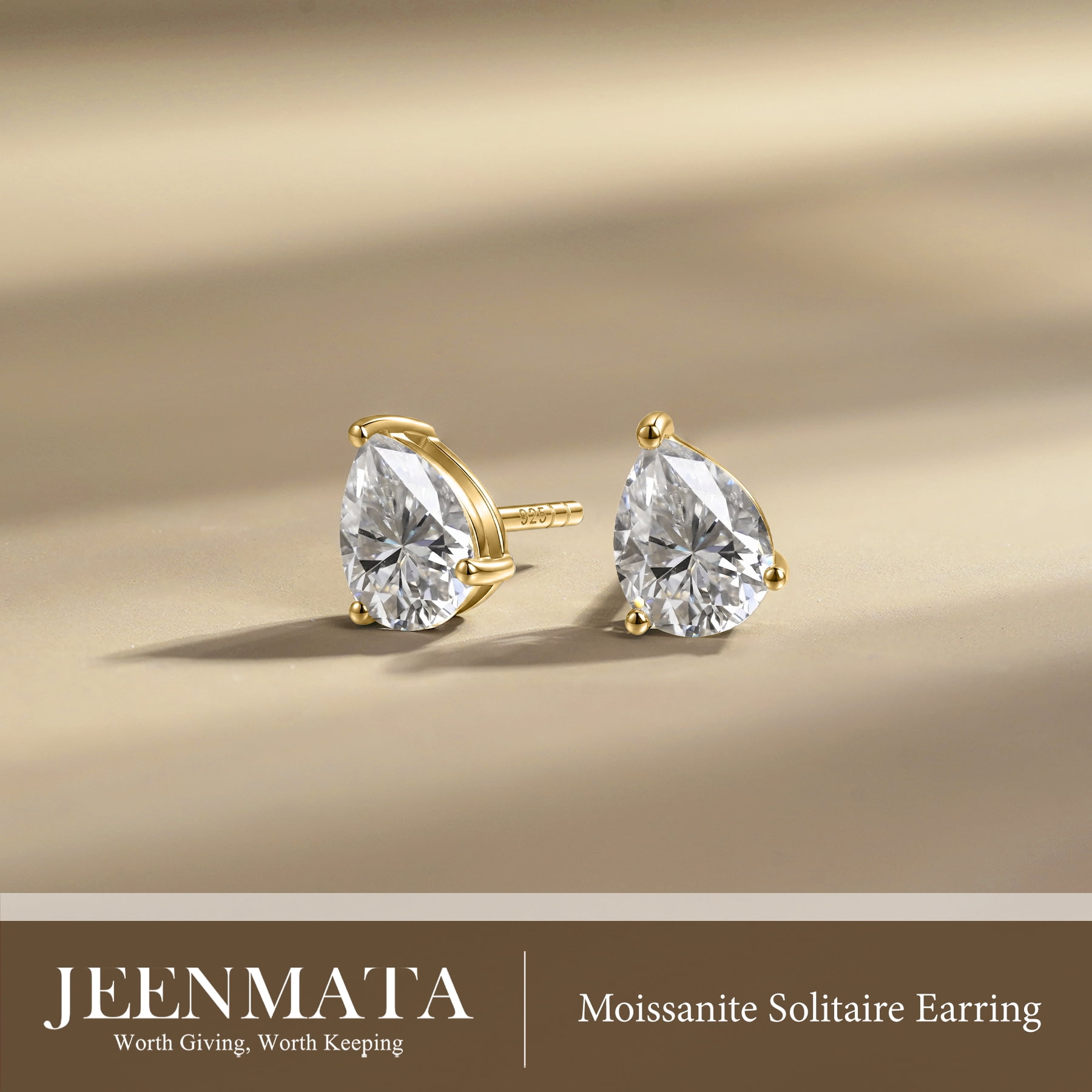 JeenMata 0.5 Carat Pear Cut Moissanite Minimalist Solitaire Stud Earrings in 18k Yellow Gold Plating for Women