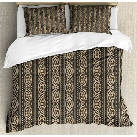 Ambesonne Damask Duvet Cover Set, Vertical Floral Tribal Style, Calking, Tan and Dark Grey