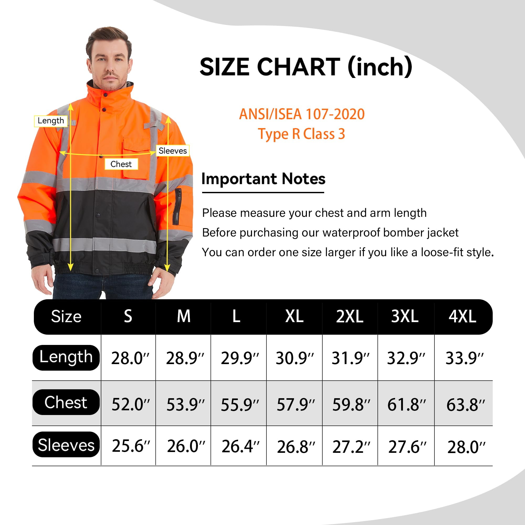 ProtectX High Visibility Safety Waterproof Bomber Jacket for Women Men, Hi Vis Reflective Winter Construction Jacket, Class 3, Orange, 2X-Large