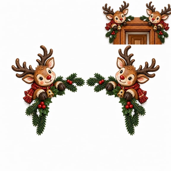 Peekaboo Christmas Door Frame Corner Decor, Wooden Holiday Door Topper for Indoor Doorways & Entryways