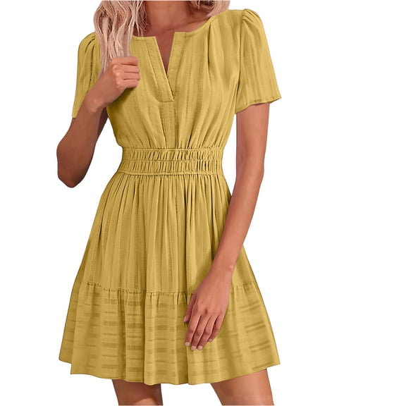 BUIGTTKLOP Summer Dress for Women Short Sleeve Short Dresses V Neck A Line Pleated Flowy Mini Dresses