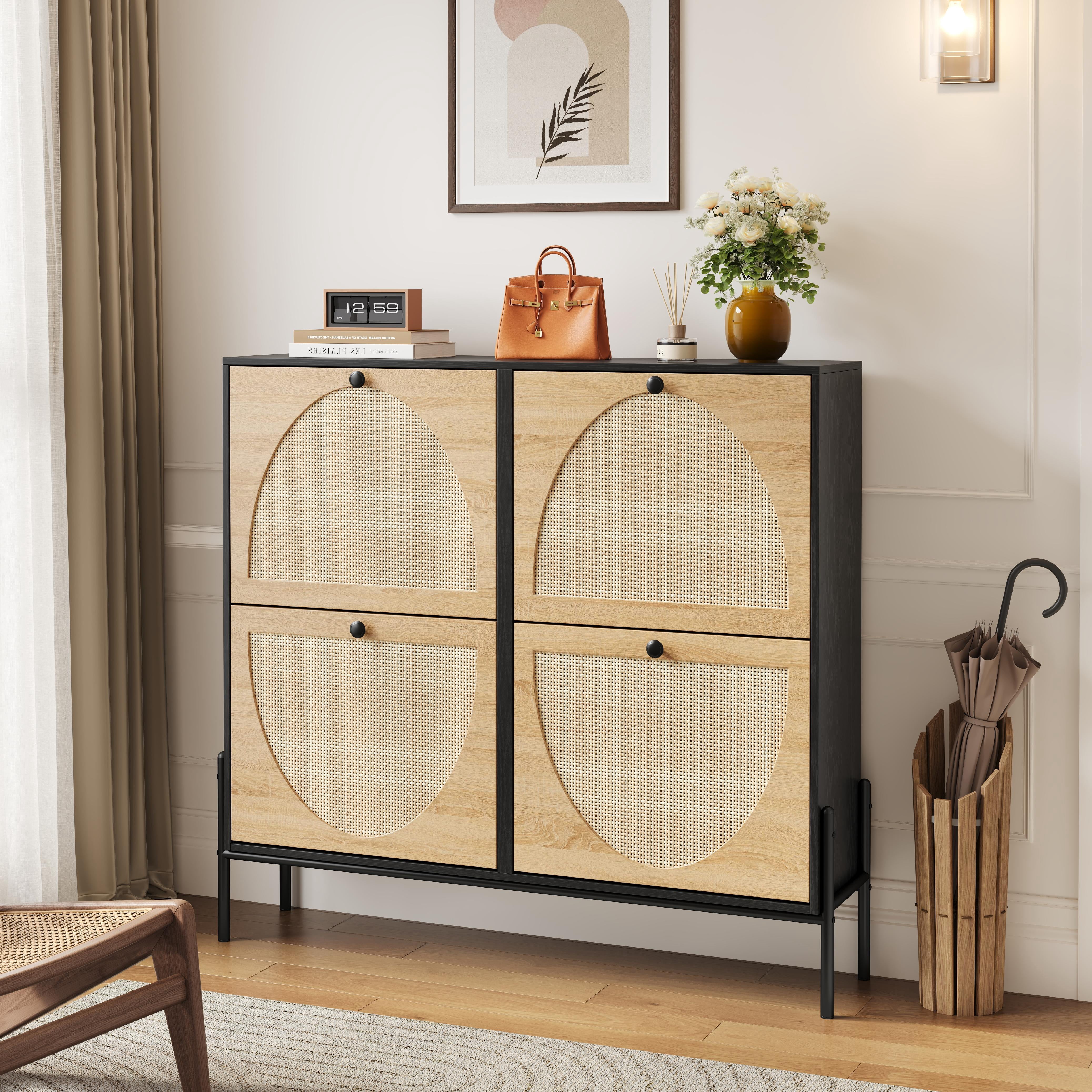 Elegant Space-Saving Rattan Shoe Cabinet with 4 Flip-Down Doors