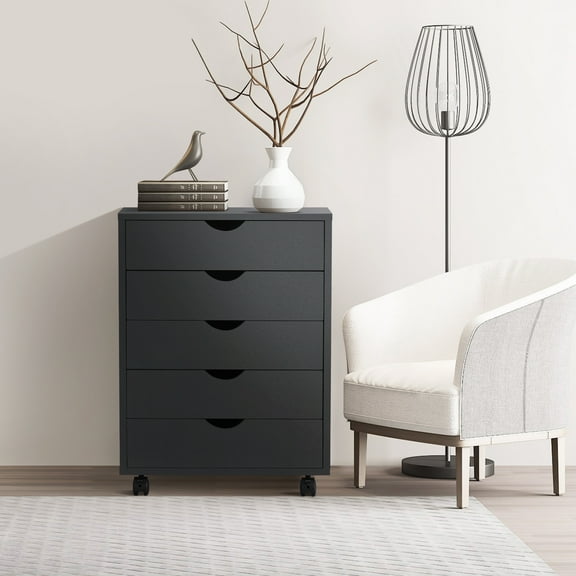 EDX 5 Drawer Storage Cabinet with Wheels for Bedroom, Home, Office Organization, Black