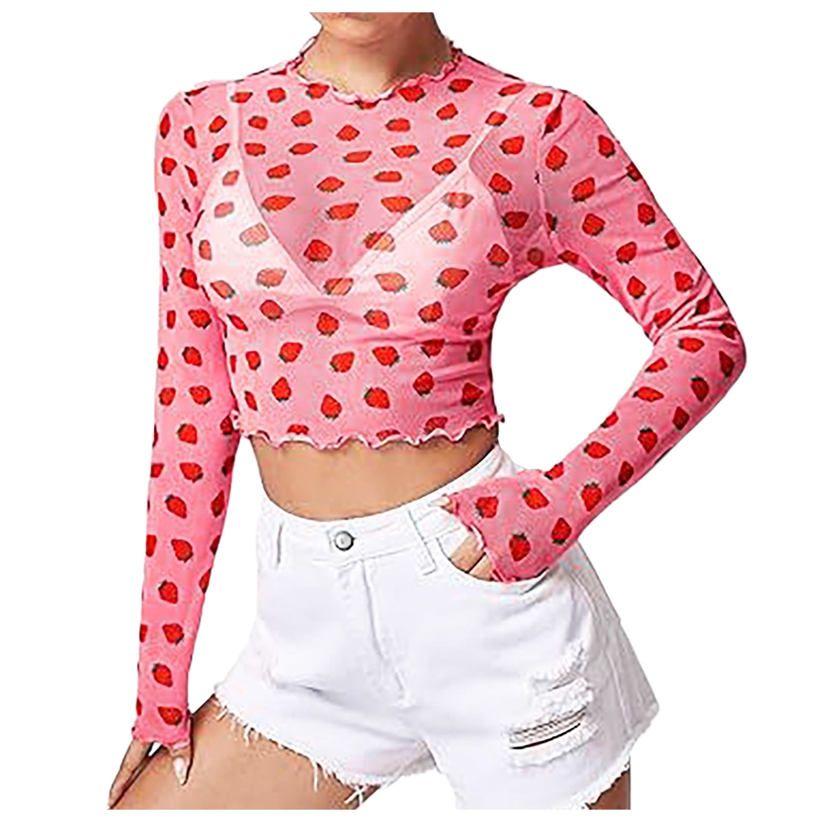 トップス all over pattern sheer shirt Zando Pearl Top for Women Rhinestone Mesh See Through Tops