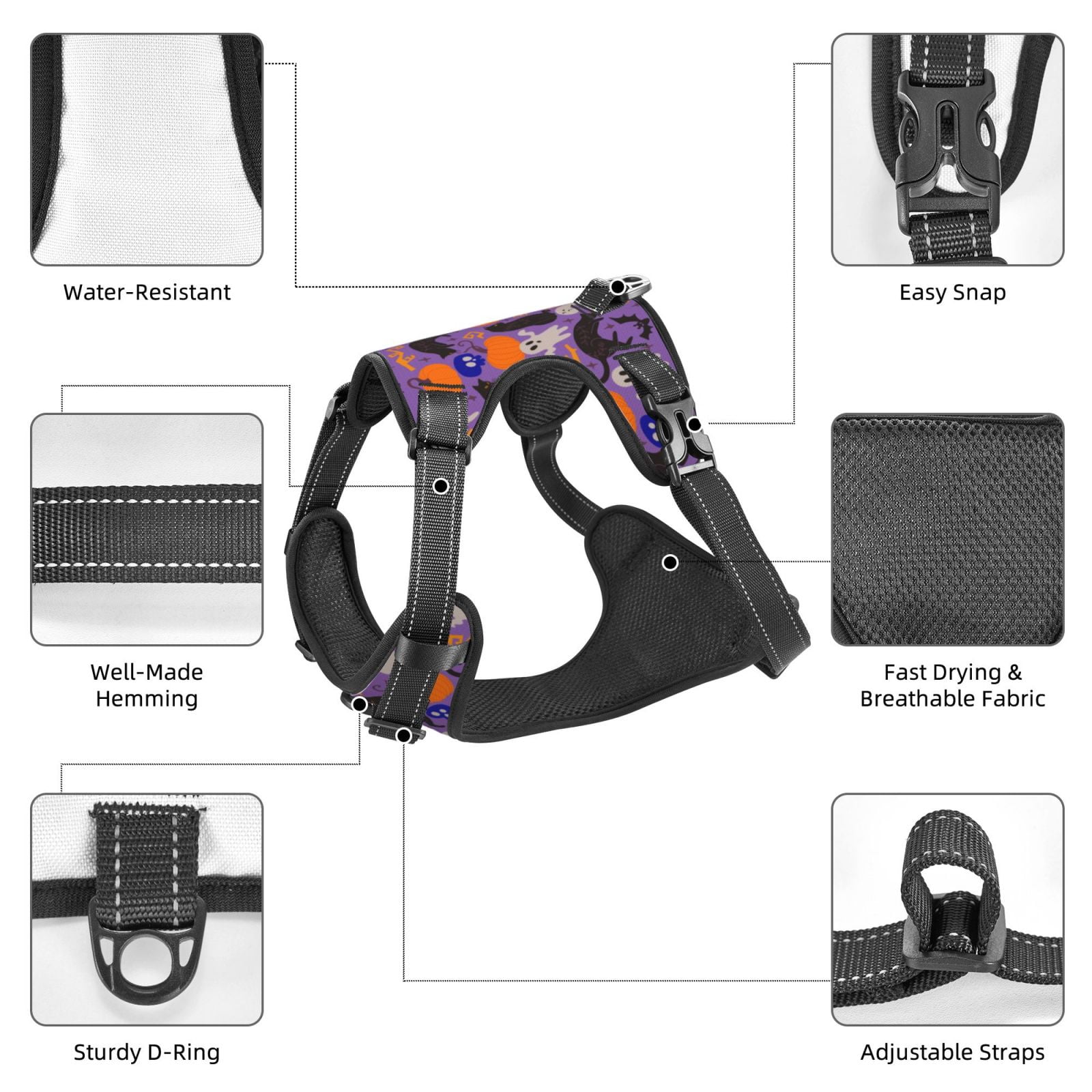 Fuzoiu Halloween Black Cats Print Reflective Dog Harness,Adjustable, Breathable Pet Vest,Dog Harness No Pull,No Choke Pet Vest for Small, Medium, and Large Dogs-Medium