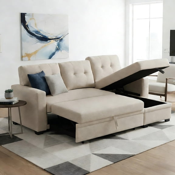 Convertible Sectional Sofa Bed with Storage Chaise and Soft Cushions,3-Seats Pull Out Sleeper Sofa for Living Room,Beige