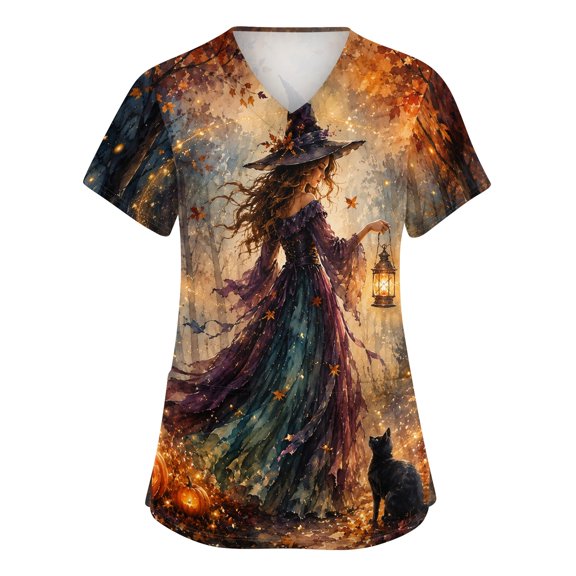 Halloween Scrub Top Women V Neck Witch Print Nurse Work Shirts with Functional Pockets, M