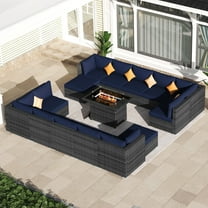 RADIATA 15PCS Outdoor Patio Furniture Set with Fire Pit(43",60000BTU) — Modular Wicker Conversation Set, Modern High Back Outdoor Sectional Couch Set with Gas Firepit for Backyard Deck,Navy Blue