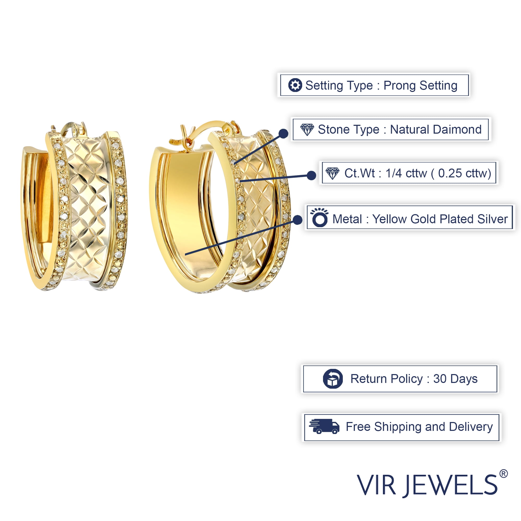 Vir Jewels 1/4 CTTW Diamond Hoop Earrings Yellow Gold Plated over .925 Sterling Silver 1 Inch