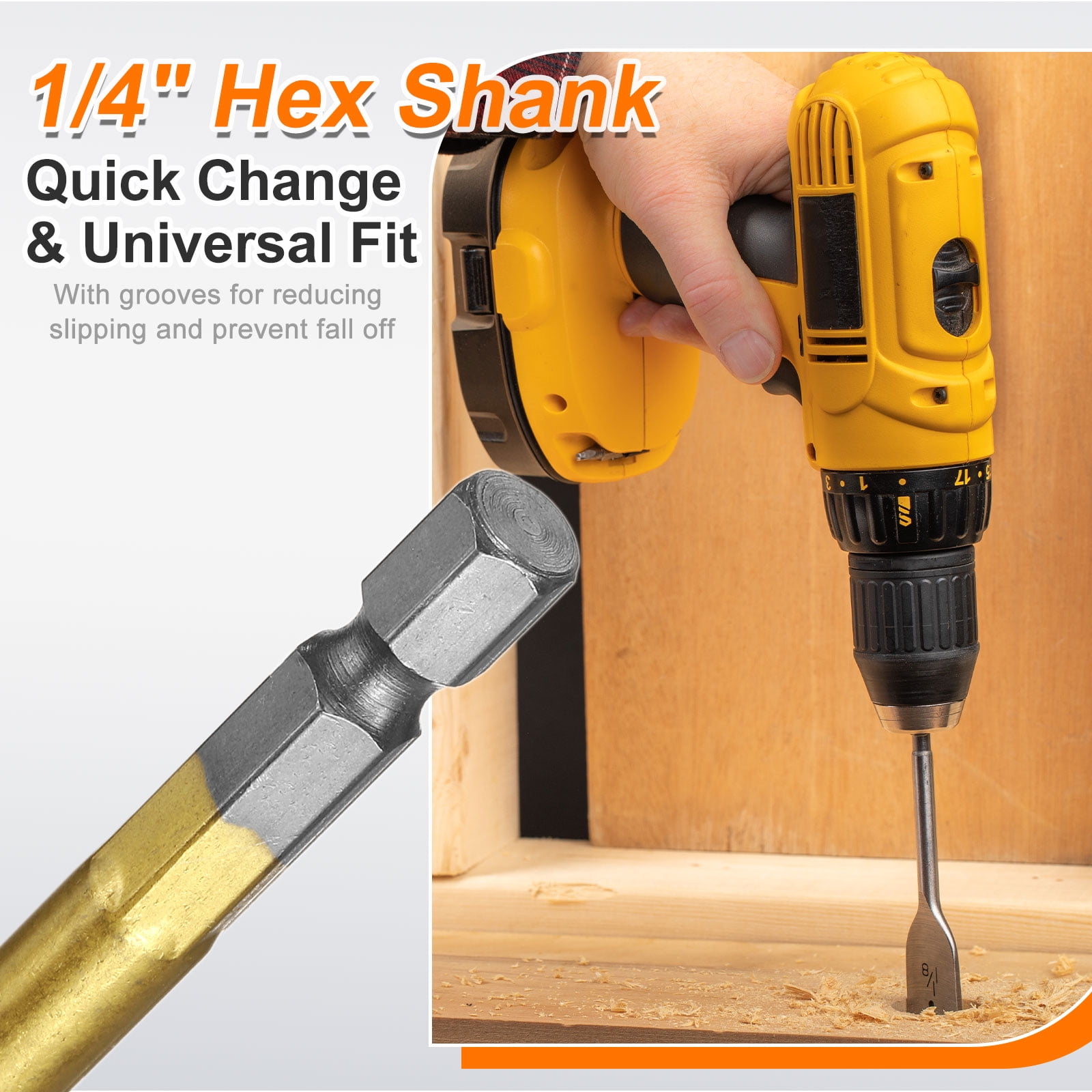 Uxcell 7Pcs Spade Drill Bit Set with Quick Change 1/4 Inch Hex Shank Gold Tone