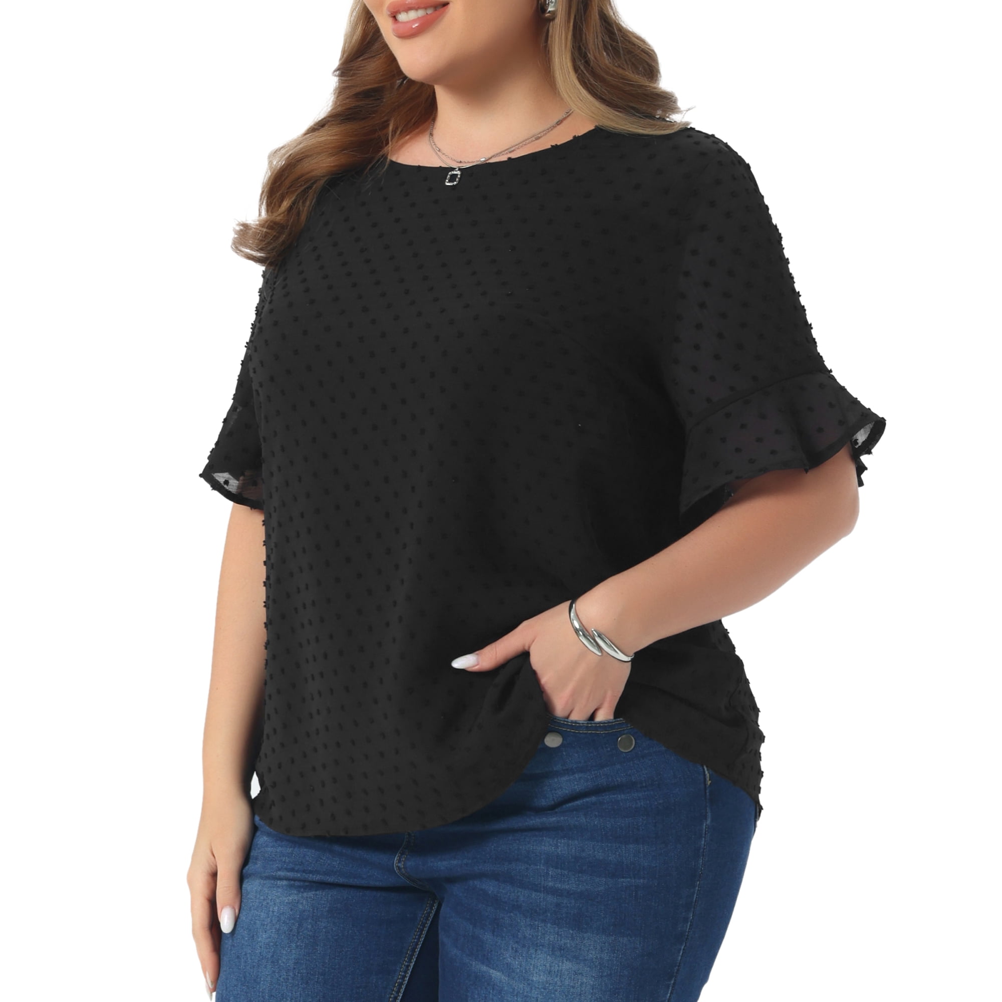 DARING DIVA Women's Plus Round Neck Ruffle Sleeve Swiss Dots Top 4X Black