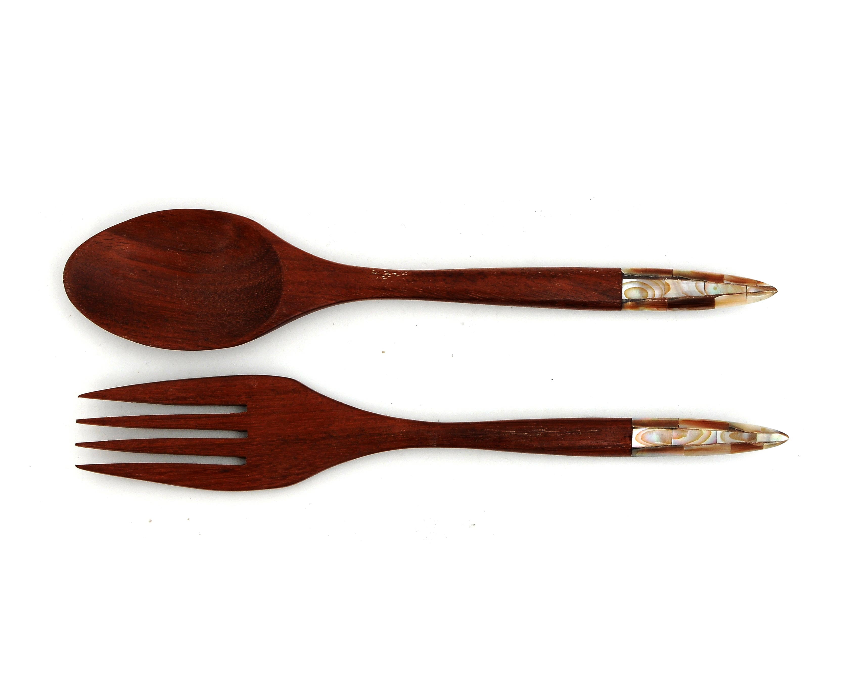 Myanmar Handmade Wooden Dinner Spoons and Forks With Brown Mother of
