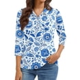 thumbnail image 2 of Women's 3/4 Sleeve Button Up Shirt with Lapel Collar and Floral Print, Casual Fashion Top for Daily Wear, Lightweight Summer Blouse Sky Blue XL, 2 of 6