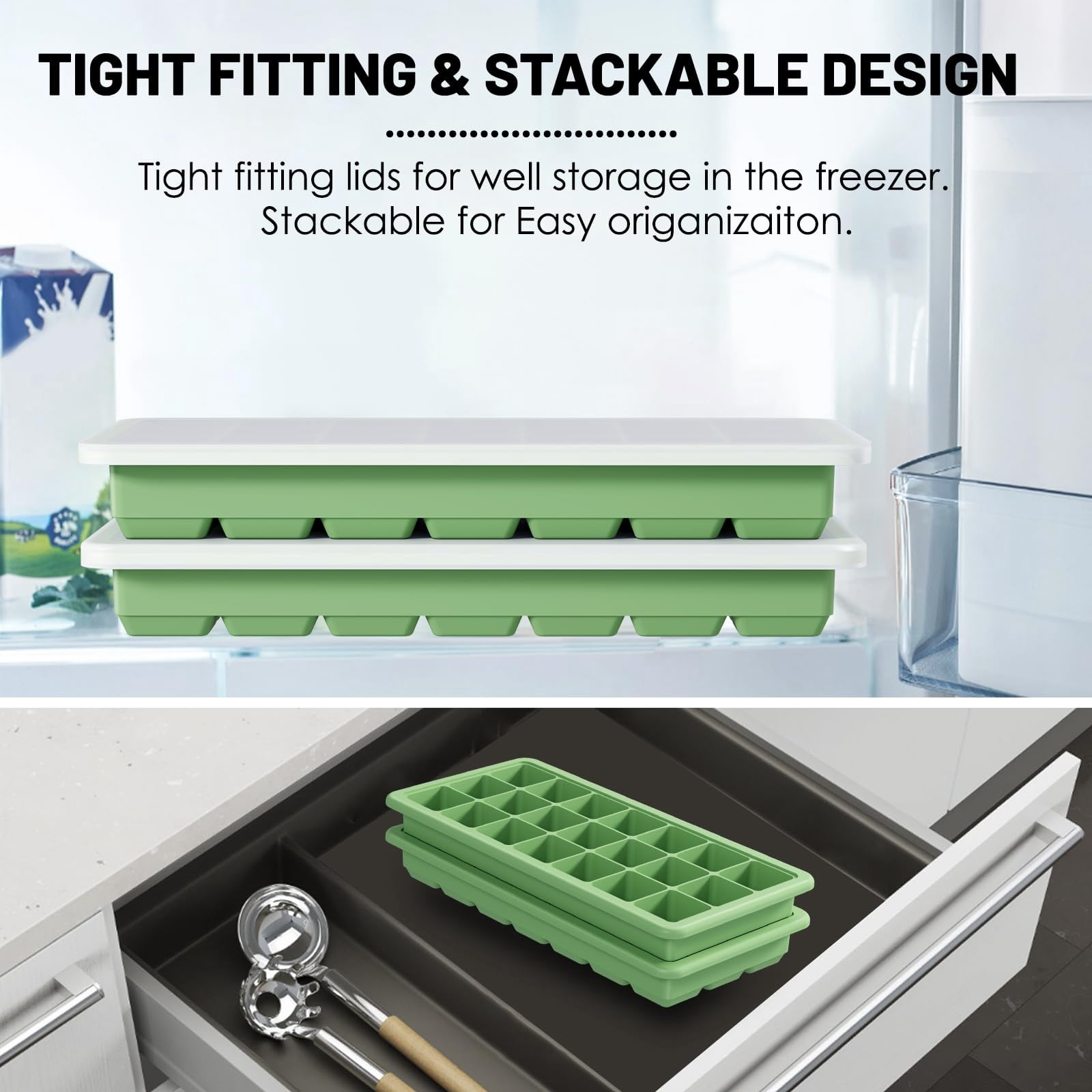 Silicone Ice Cube Trays 3packs  Easy Release Molds With Lid Freezer Stackable Maker For Food Bpa Free (2 Green)