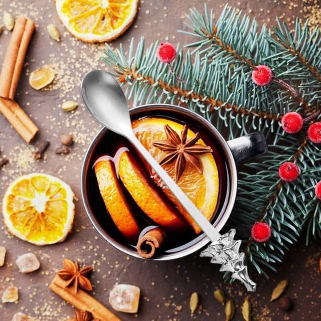 Cuchara de Café con Diseño de Árbol de Navidad | Tenedor de Fruta y Cuchara de Postre de Acero Inoxidable | 1 Unidad | Plateado | 14 X 2,5 X 0,5 Cm | Juego de Cubiertos Portátil para Viajes, Oficina