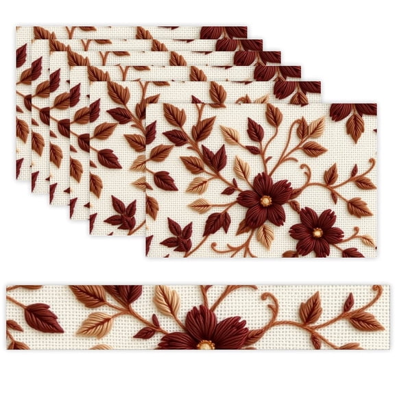 7 Piece Linen Table Runner and Placemats Set, Brown Floral Pattern Round Corner Heat Resistant Washable Table Mats for Home Kitchen Dining Party Decoration