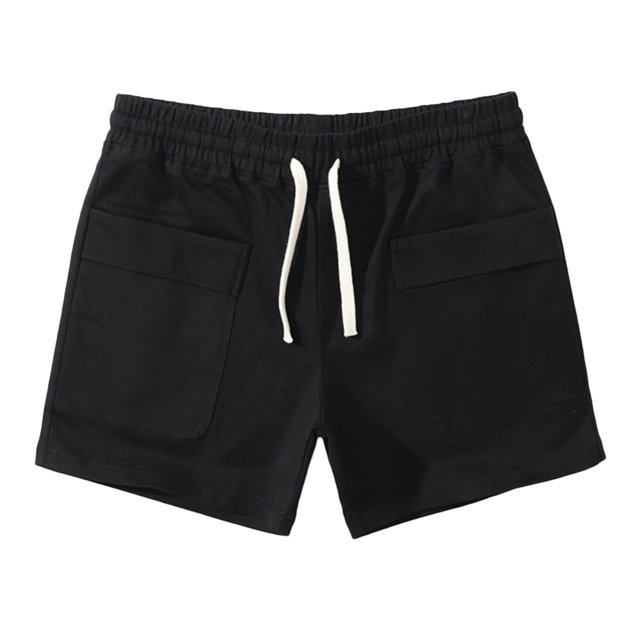 Men Solid Cotton Three-Point Pants Sports Elastic Mid-Waist Drawstring Workout Comfy Lace-Up Shorts(Black,2XL)