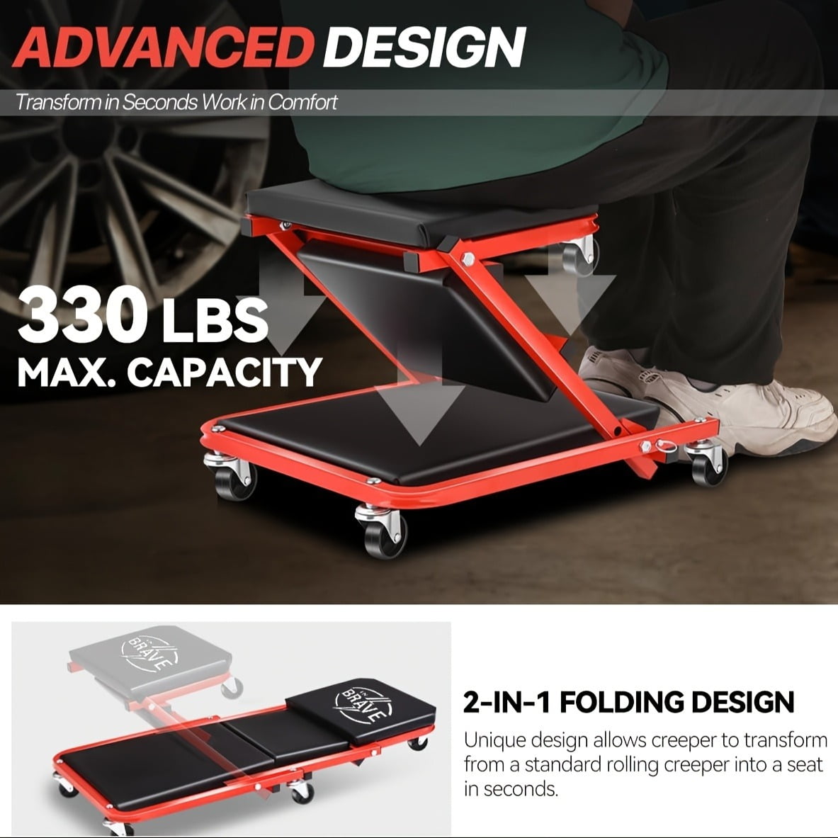 InBrave  36" 2-in-1 Folding Creeper and Seat, Triplex Foldable Mechanic's Creeper with 6 Swivel Casters, Low Profile Garage Stool, 330 lbs Capacity (Red)