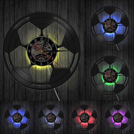 Soccer Ball Wall Art Home Decor Wall Clock Football Black & White Classic Ball Vintage Vinyl Record Wall Clock Soccer Lover Gift With LED