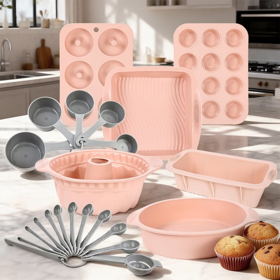 Nonstick Silicone Bakeware Set, 23pcs Baking Cake Pan Measuring Spoon, Economical Heat Resistant Bakeware Suppliers Tools Kit with Silicone Brush for DIY Loaf Bread Cheesecake Pizza Cupcake Muffin