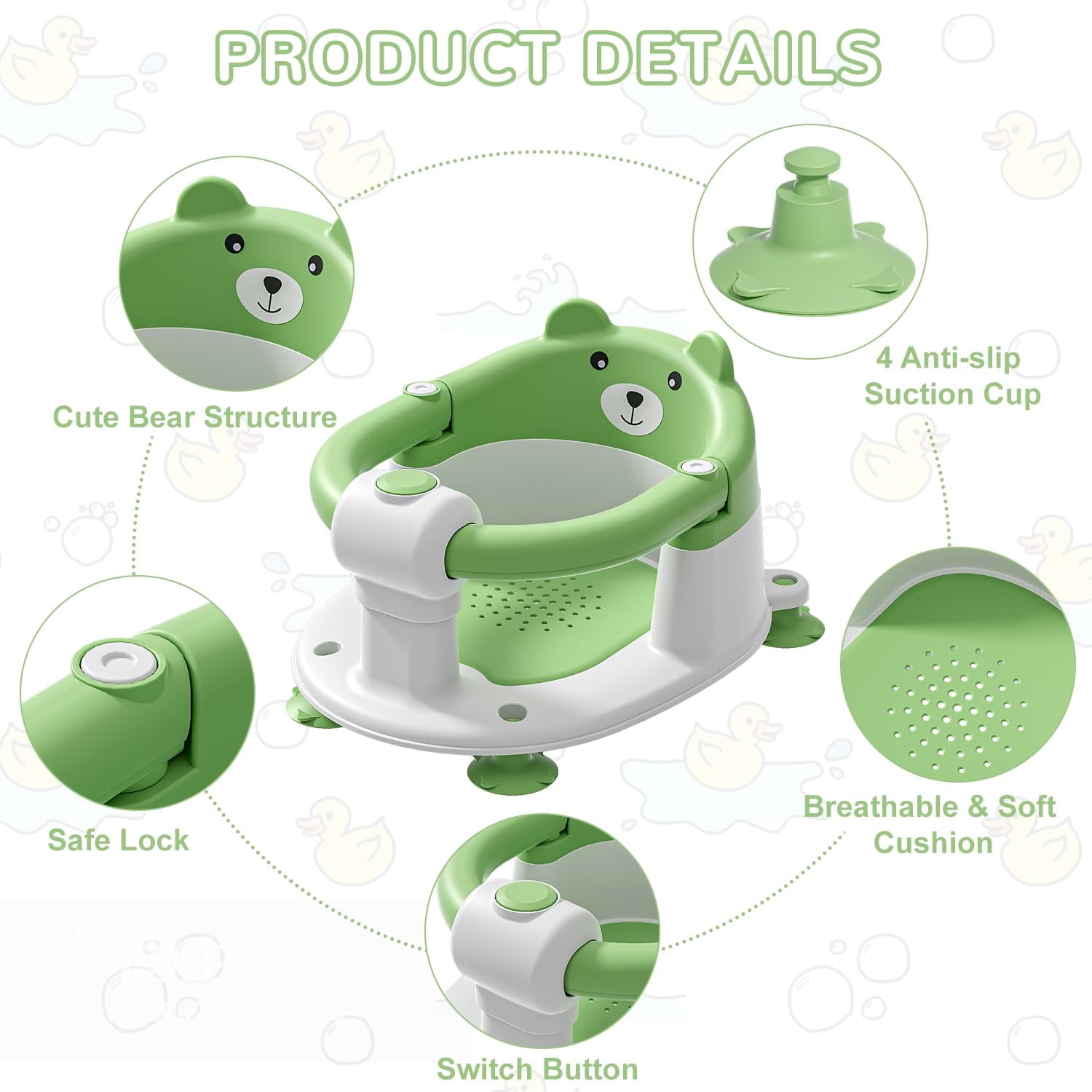 Soluxeo Baby Bath Seat for Babies 6 Months & up, Non-Slip Toddler Bath Seats for Babies Sitting Up with 4 Suction Cups & Soft Cushion for Shower(Green)