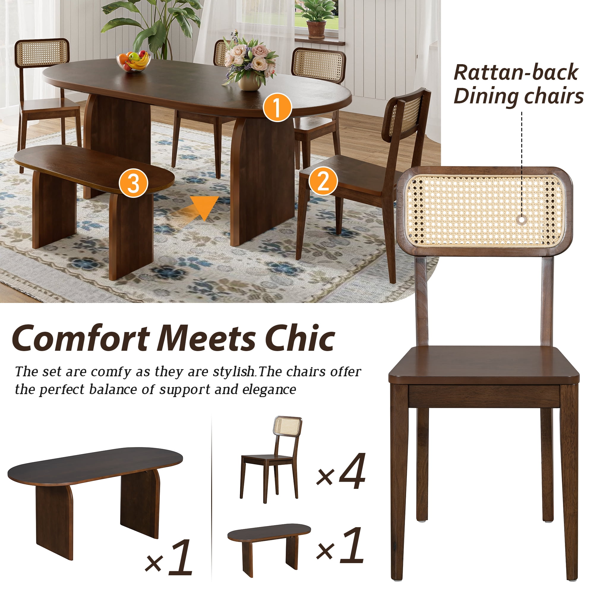 6 Piece Dining Table Set for 6, 71" Oval Dining Table with 4 Chairs and Bench