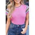 thumbnail image 2 of Women's Bright Pink Short Sleeve Colorblock Crewneck Sweater, 2 of 11