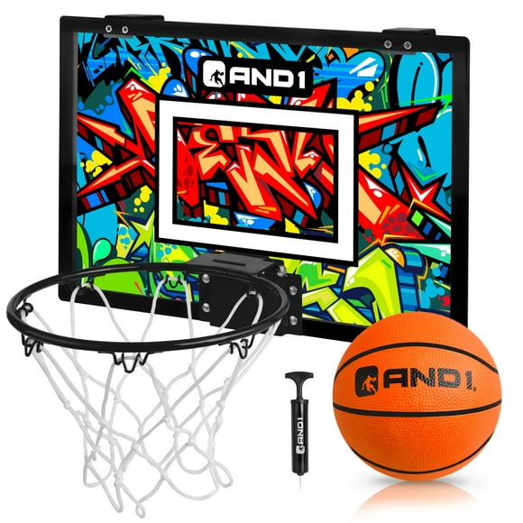AND1 Mini Basketball Hoop: Pre-Assembled Indoor Basketball Hoop with Flex Rim, 18 inches x 12 inches, Includes One Deflated 5 Inch Basketball & Inflation Pump, Basketball Hoop for Kids, Blue/Orange