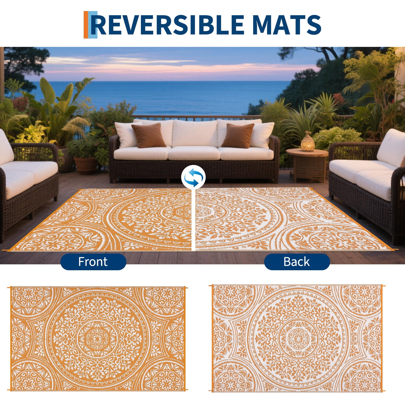 Garvee 9'x18' Waterproof Outdoor Rug Floral Reversible Outdoor Carpet, Plastic Straw Rug Portable RV Picnic Camping Mat for Garden Backyard Deck Balcony, Orange
