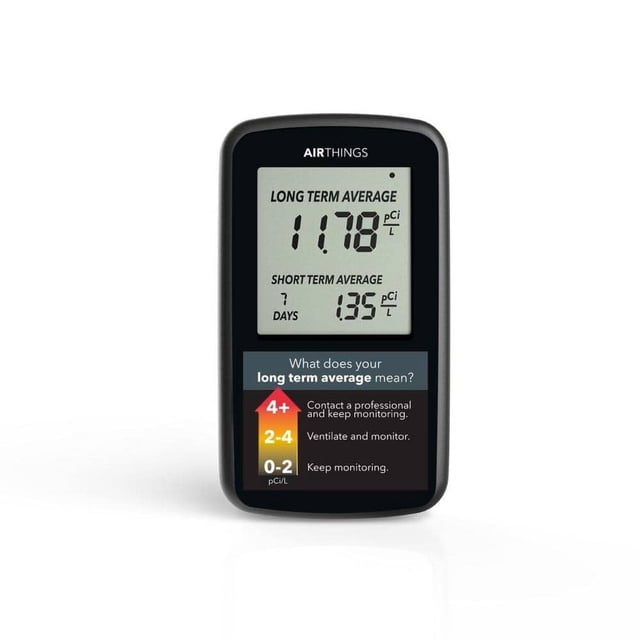 Detector de radón doméstico digital ligero que funciona con baterías Airthings con pantalla LCD para