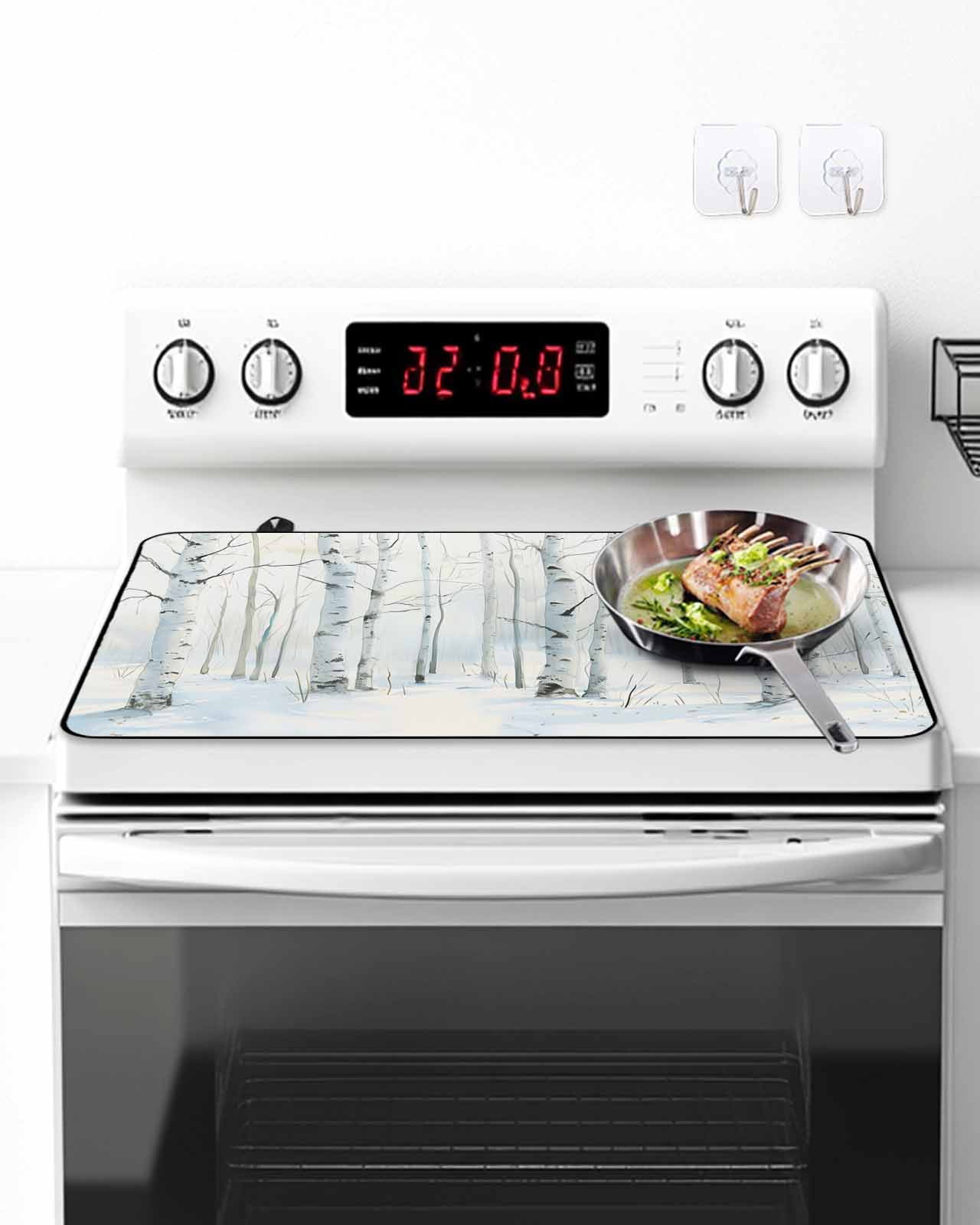 Stove Top Covers for Electric Stove, Christmas Tree Glass Stovetop Cover Protector, White Xmas Snowflake Watercolor Induction Cooktop Protector Oven Mat for Kitchen Countertop 24"x21"