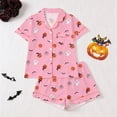 thumbnail image 2 of Curuila Toddler Girls Halloween Pajamas Set Short Sleeve Hallowmas Cartoon Print Lapel Button Down Pjs Tops With Shorts For Party Fashionable Homewear Pink Size 9-10 Years, 2 of 9