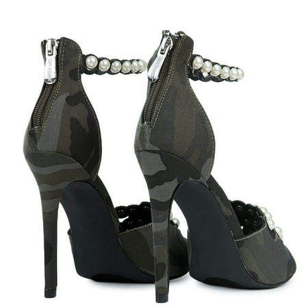 Leather Stiletto High Heel - Camo Army Grey Pearl Anklet Strap Stiletto High Heel Meg-47 - 8