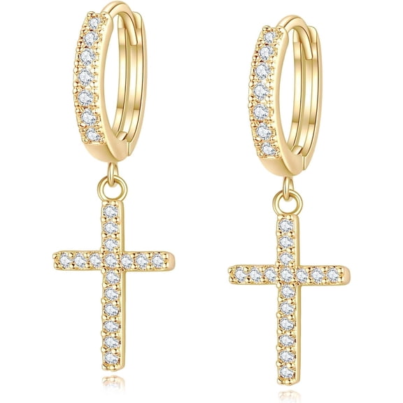 14K Gold Plated Drop Dangle Cross Hoop Earrings Trendy Gold Cross Earrings for Women Small CZ Huggie Hoops Dangling Diamond Cross Earrings for Men Hypoallergenic Lightweight