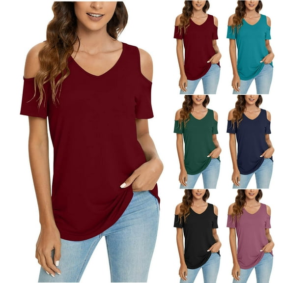 Fesfesfes Womens T Shirts Women's Fashion Casual Solid V-Neck Short Sleeve Loose T-Shirt Pullover Tops Women Shirt L(US:8)