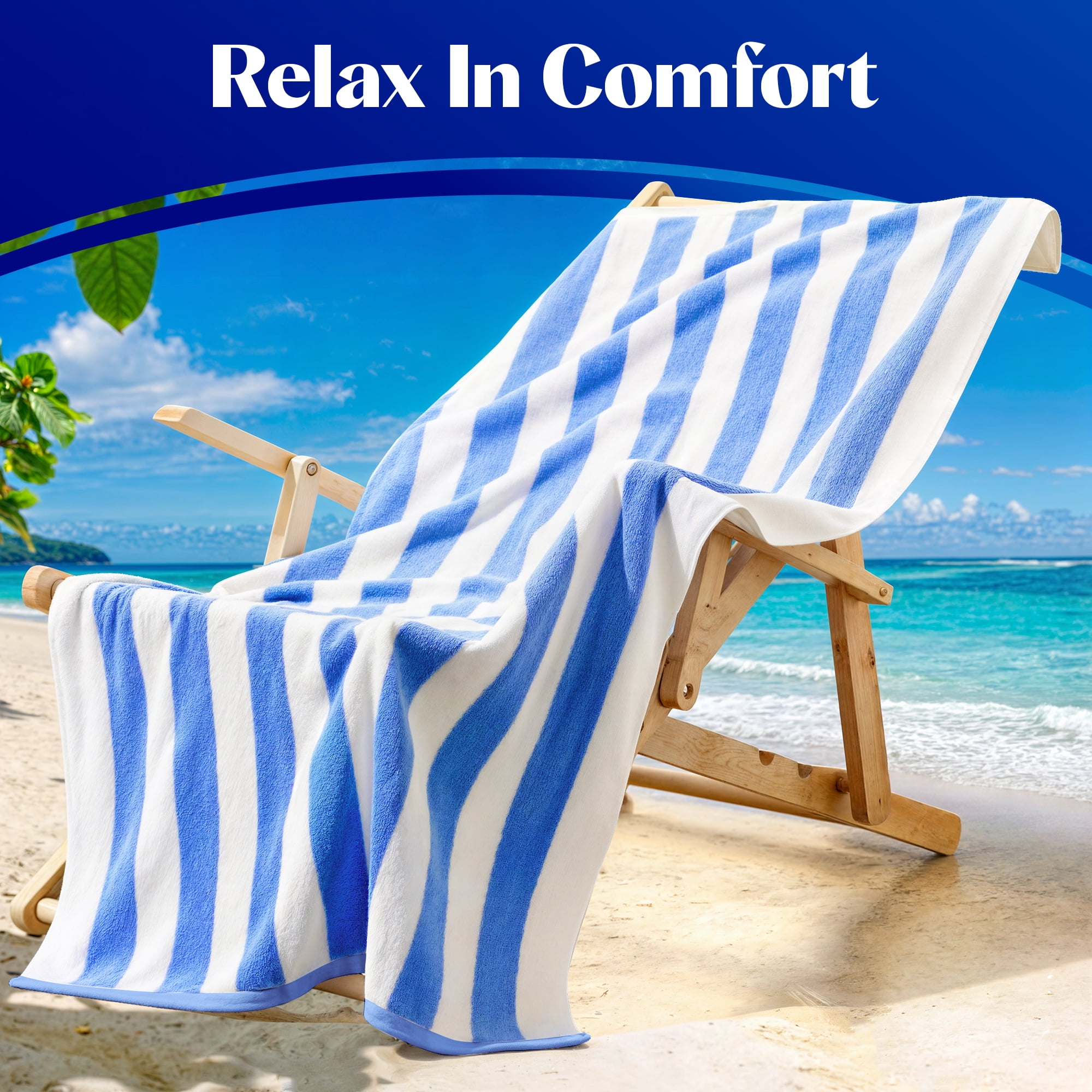 Bliss Casa 100% Cotton Beach Towels (4 Pack, 30 x 60 Inch) - Extra Soft & Highly Absorbent Summer Pool Towel Oversized Cabana Stripe (Blue)