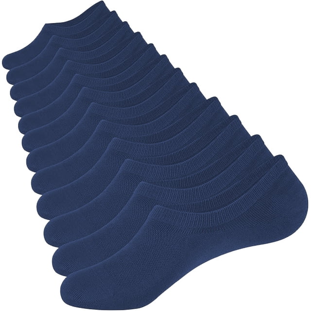 set de 12 pares de calcetines invisibles unisex, color azul, vista frontal en 3/4 mostrando doce pares alineados; corte bajo tipo invisible con puntera y talón lisos, tejido de punto fino 200 agujas y panel de malla superior transpirable, ajuste seguro bajo el tobillo para calzado deportivo o casual, suelen usarse también para viajes por su ligereza.