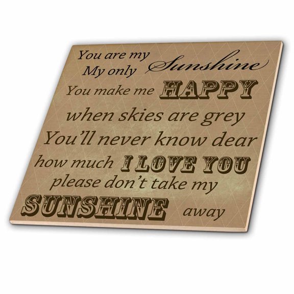 3dRose, You Are My Sunshine in Brown- Word Art- Vintage Song, 8 Inch Glass Tile