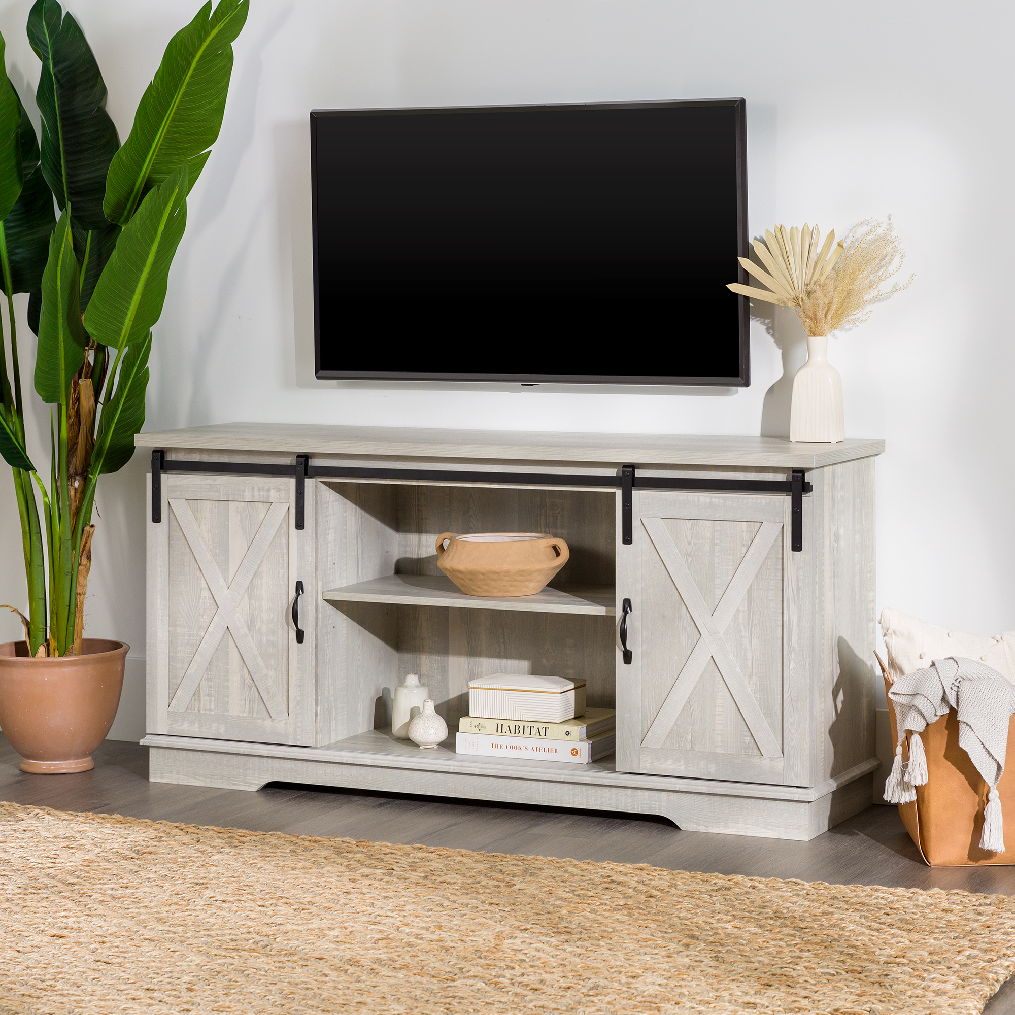 Woven Paths Sliding Farmhouse Barn Door TV Stand for TVs up to 65", Stone Grey - image 3 of 16