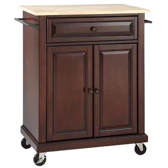 Crosley Furniture Natural Wood Top Portable Kitchen Cart in Mahogany